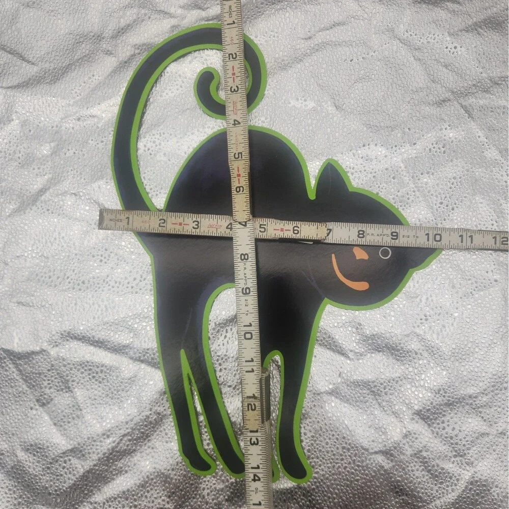 Die Cut Ghost & Cat Cartoon Neon Green Halloween Decoration Beistle Co 70s VTG